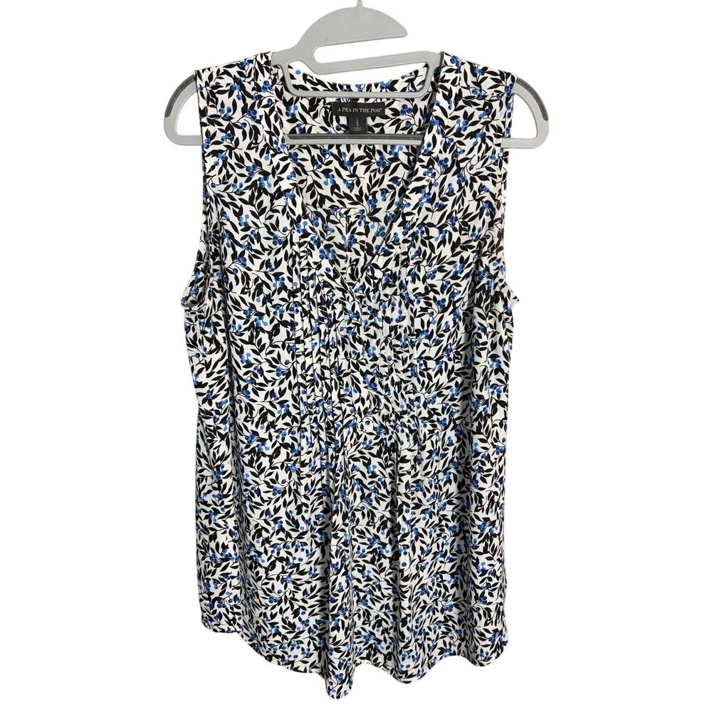 A Pea In The Pod Maternity Blouse Large Blue Floral Sleeveless Pleated Front Top